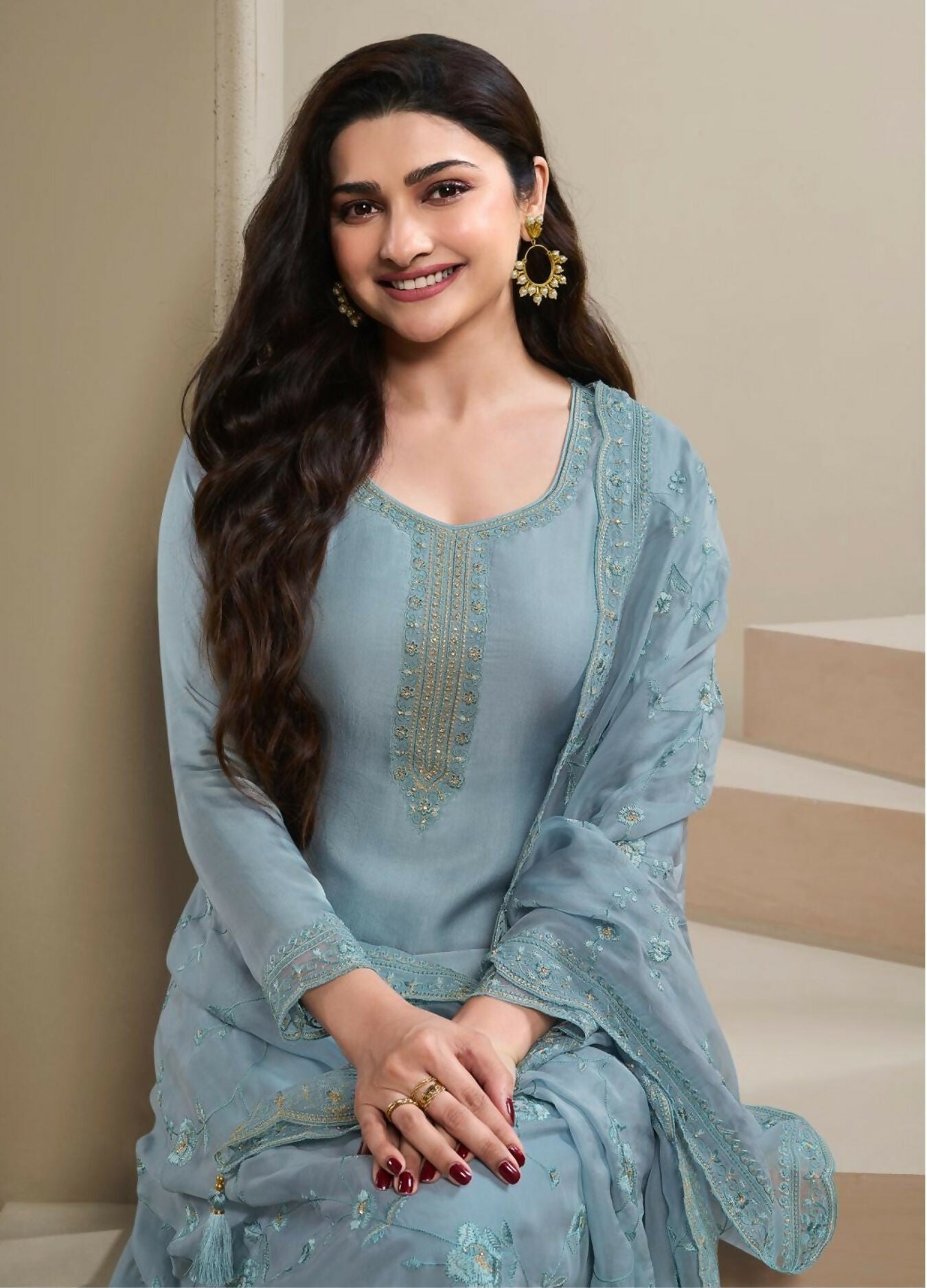 Anaita Blue Heavy Natural Crepe Stitched Suit with Embroidery & Zarkhan Work