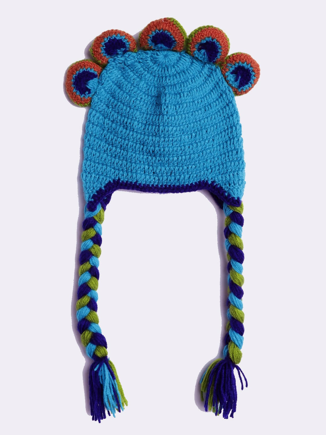 Chutput Kids Woollen Hand Knitted Peacock Face Detailed Cap - Blue