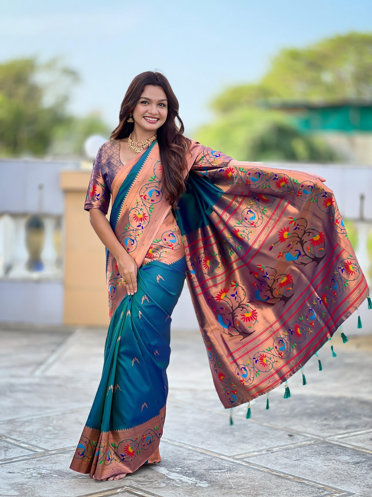 Mameraa Sarees Teal Blue Faux Banarasi Silk Saree With Paithani Rich Weaved Pallu And Blouse-Teal