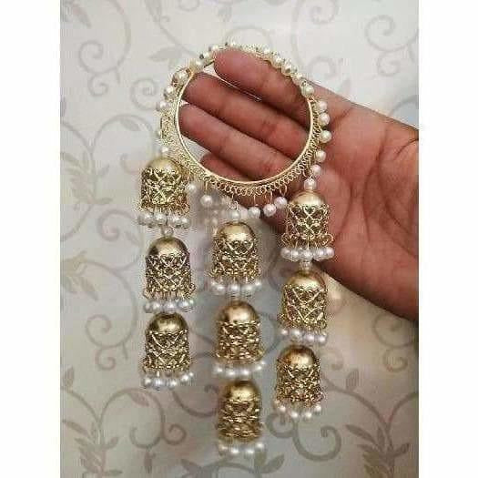 MS Fashion India Three Steps Jhumkas With White Pearls Hanging Bangles