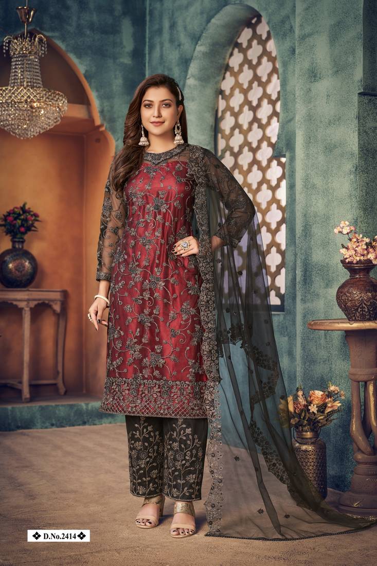 Anaita Maroon Embroidered Net Salwar Suit