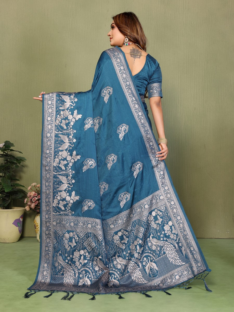 Anaita Teal Blue Zari Butta Work Satin Silk Saree With Blouse
