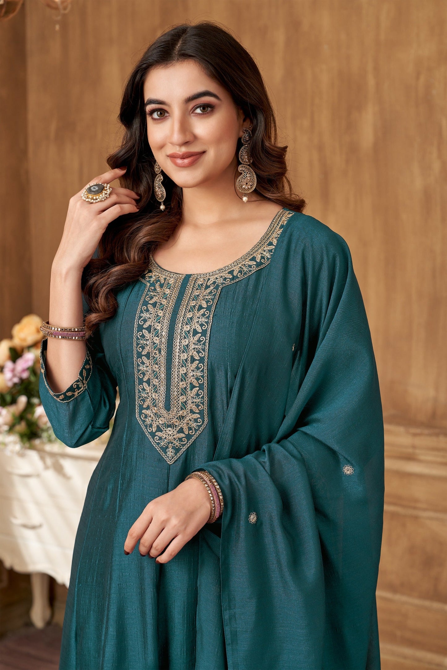 Anaita Teal Anarkali Readymade Suit with Embroidery Work