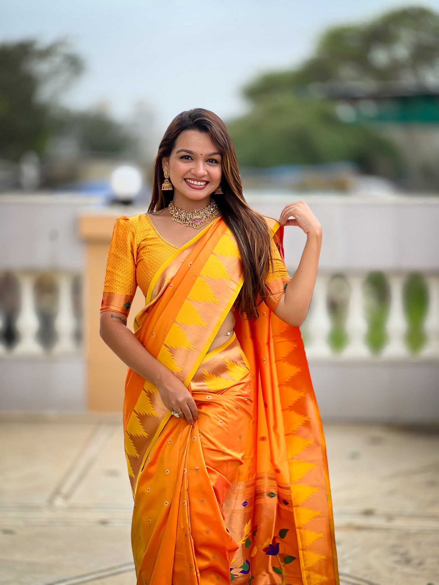 Vedant Vastram Soft Litchi Silk Banarasi Silk Jacquard Saree - Orange