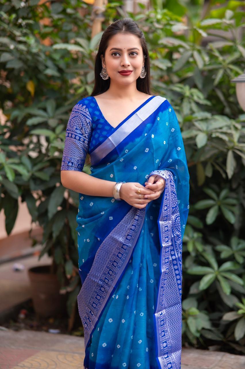 Blue Jute Silk Ethnic Motifs Saree with Unstitched Blouse - A2M