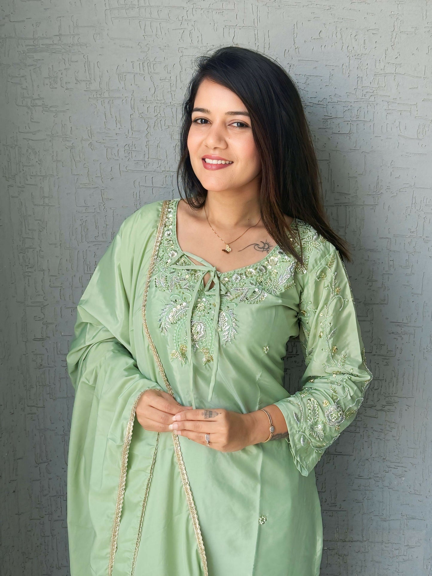 Anaita Green Crape Readymade Kurti Set with Beads Sequence Work