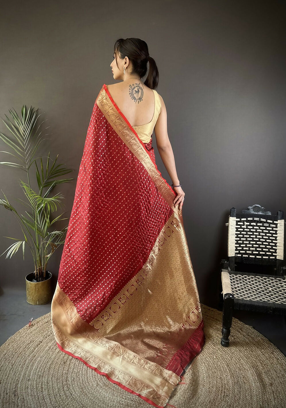 Joban Fashion Brick Red Small Butti Banarasi Silk Sarees