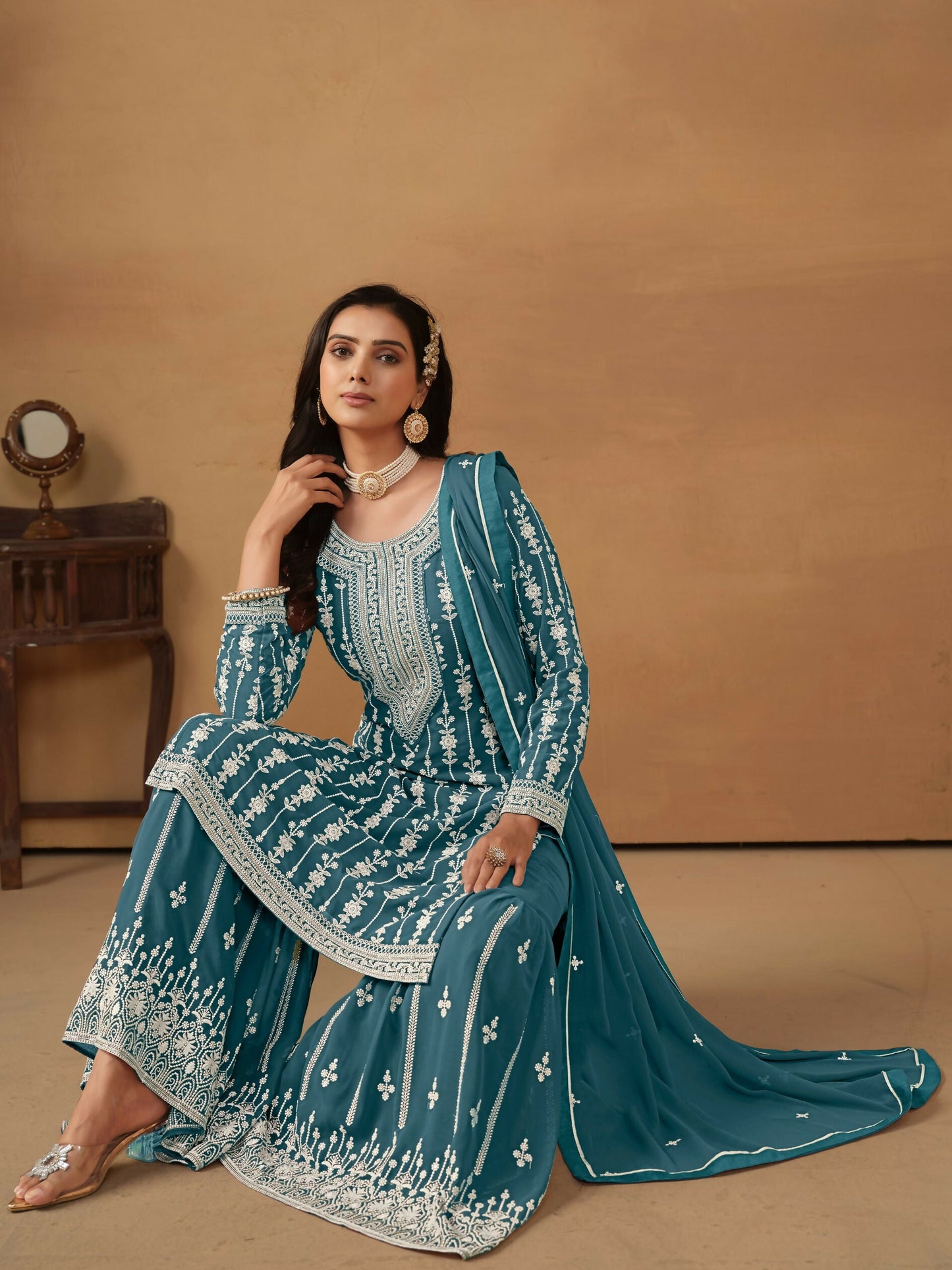Anaita Teal Embroidered Faux Georgette Salwar Suit