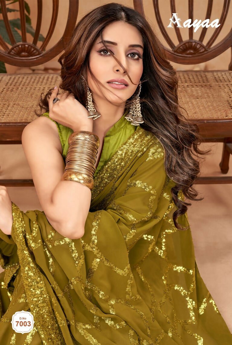 Aayaa Heavy Georgette Double Run Sequance Work Saree With Fitting Sequance Lace Border - Olive Green
