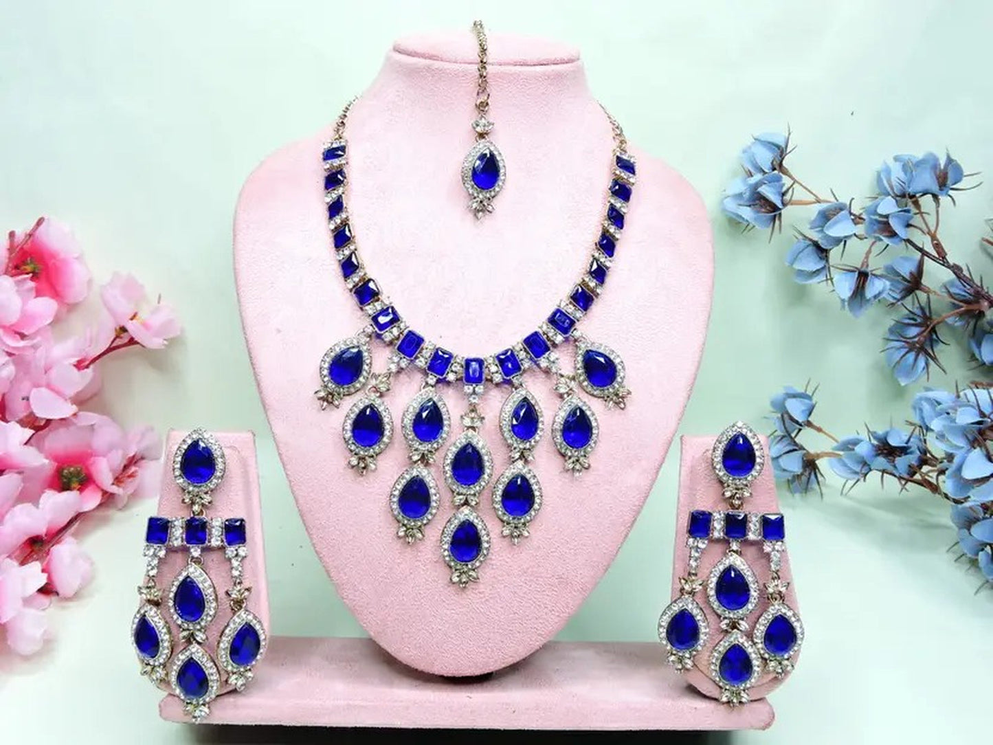 Jewel City Teardrop Bridal Necklace Set with Earrings & Maang Tikka - Ethnic Wedding Jewelry for Brides & Parties