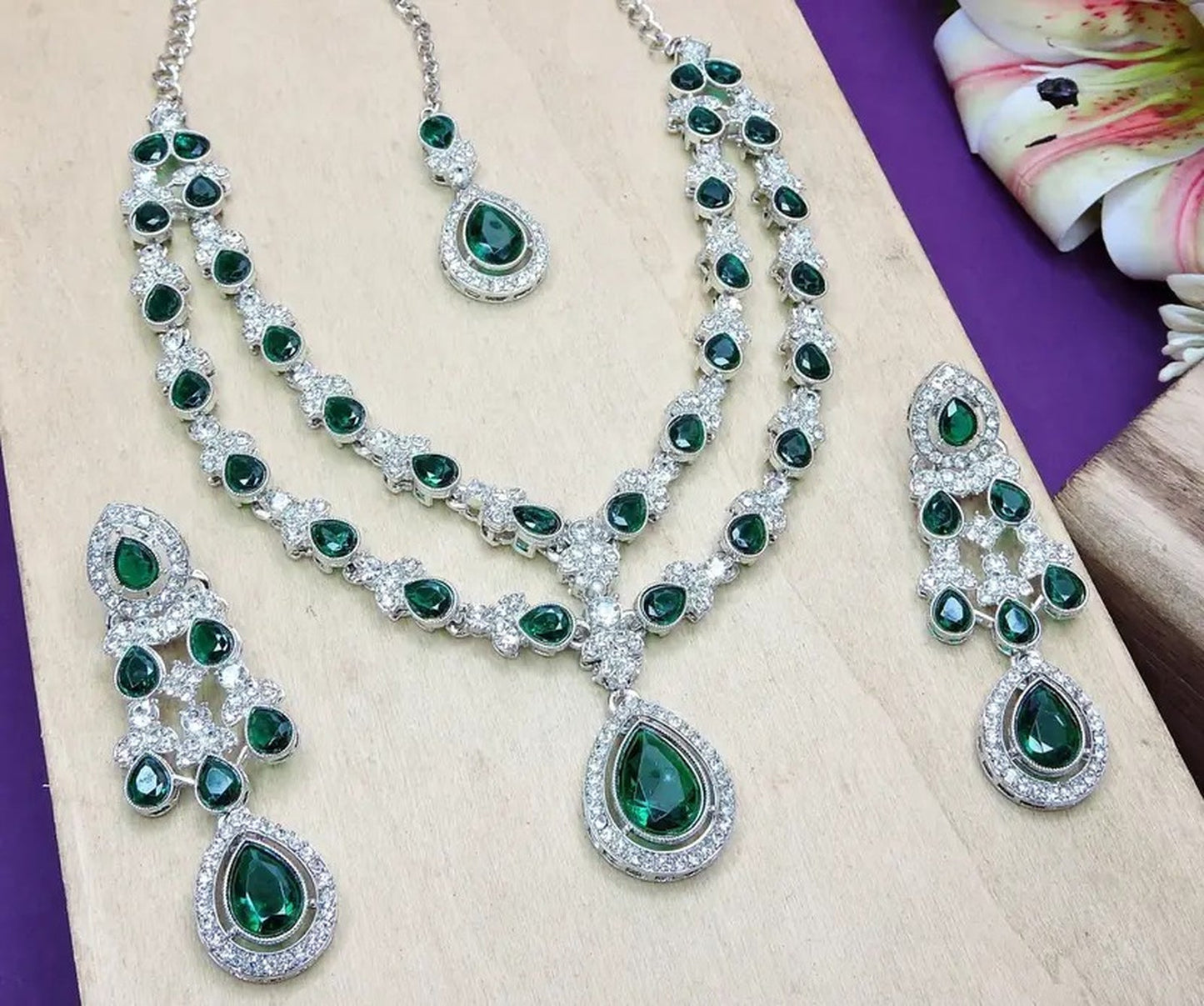 Jewel City Teardrop Bridal Necklace Set with Earrings & Maang Tikka - Ethnic Wedding Jewelry for Brides & Parties