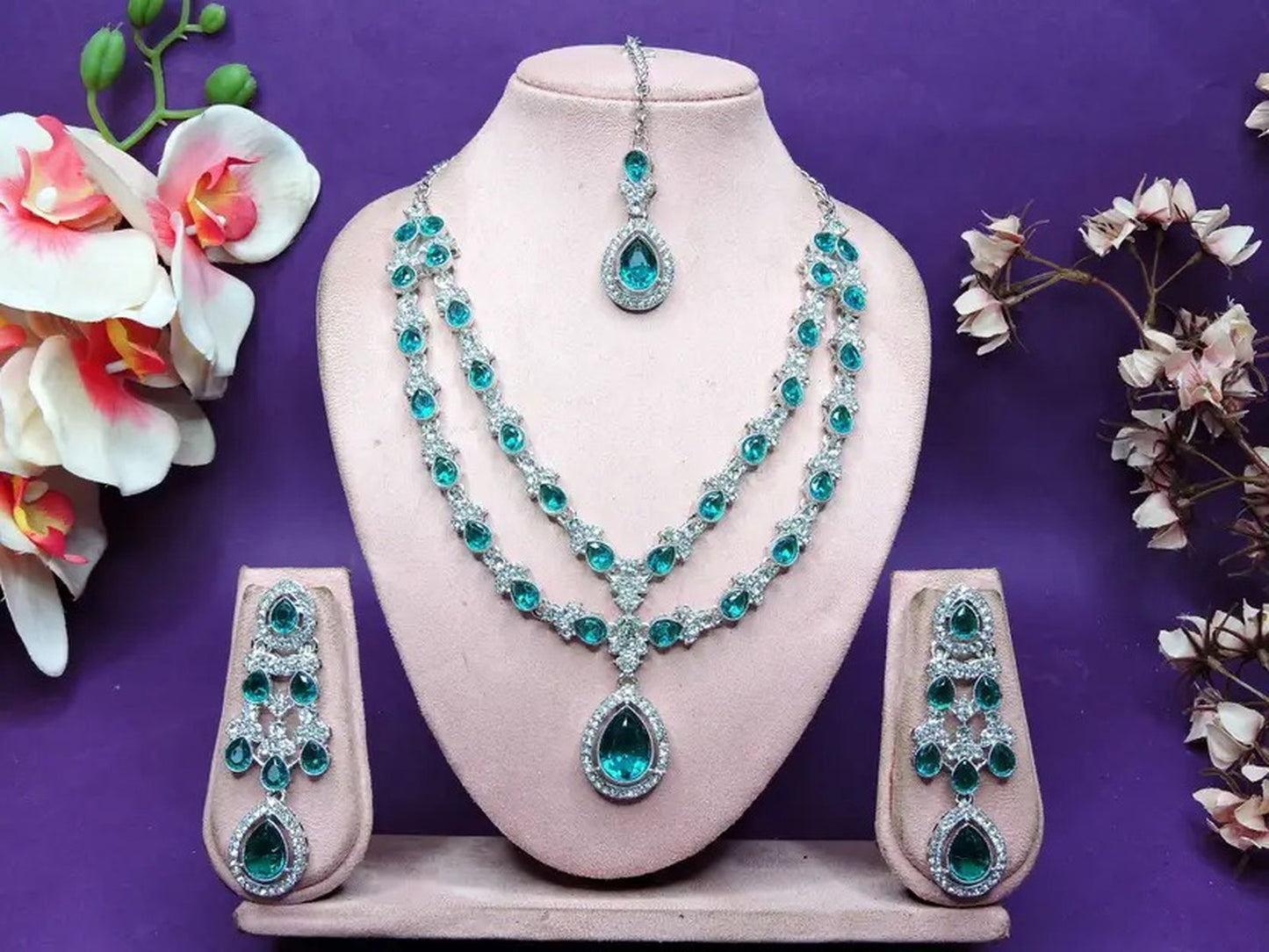 Jewel City Teardrop Bridal Necklace Set with Earrings & Maang Tikka - Ethnic Wedding Jewelry for Brides & Parties