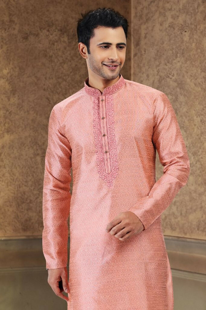 Raivat Ethnic Jacquard Banarasi Silk Thread Work Kurta Pajama In Dark Pink Colour