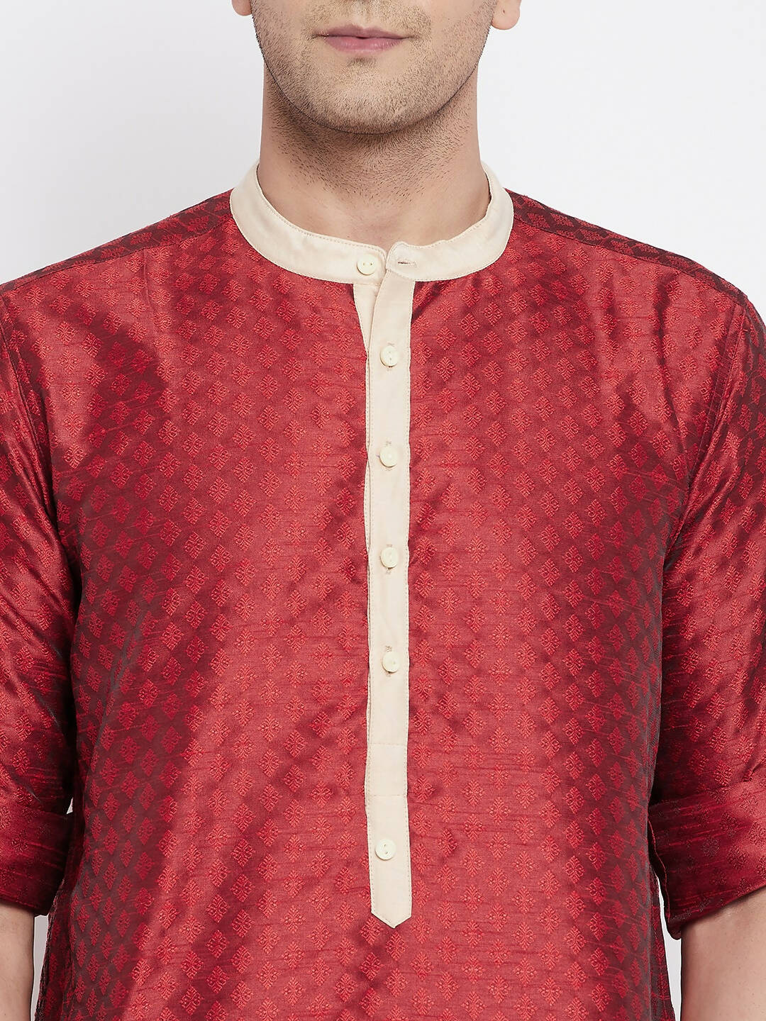 Even Apparels Red Art Silk Men's Kurta With Contrast Collar And Placket