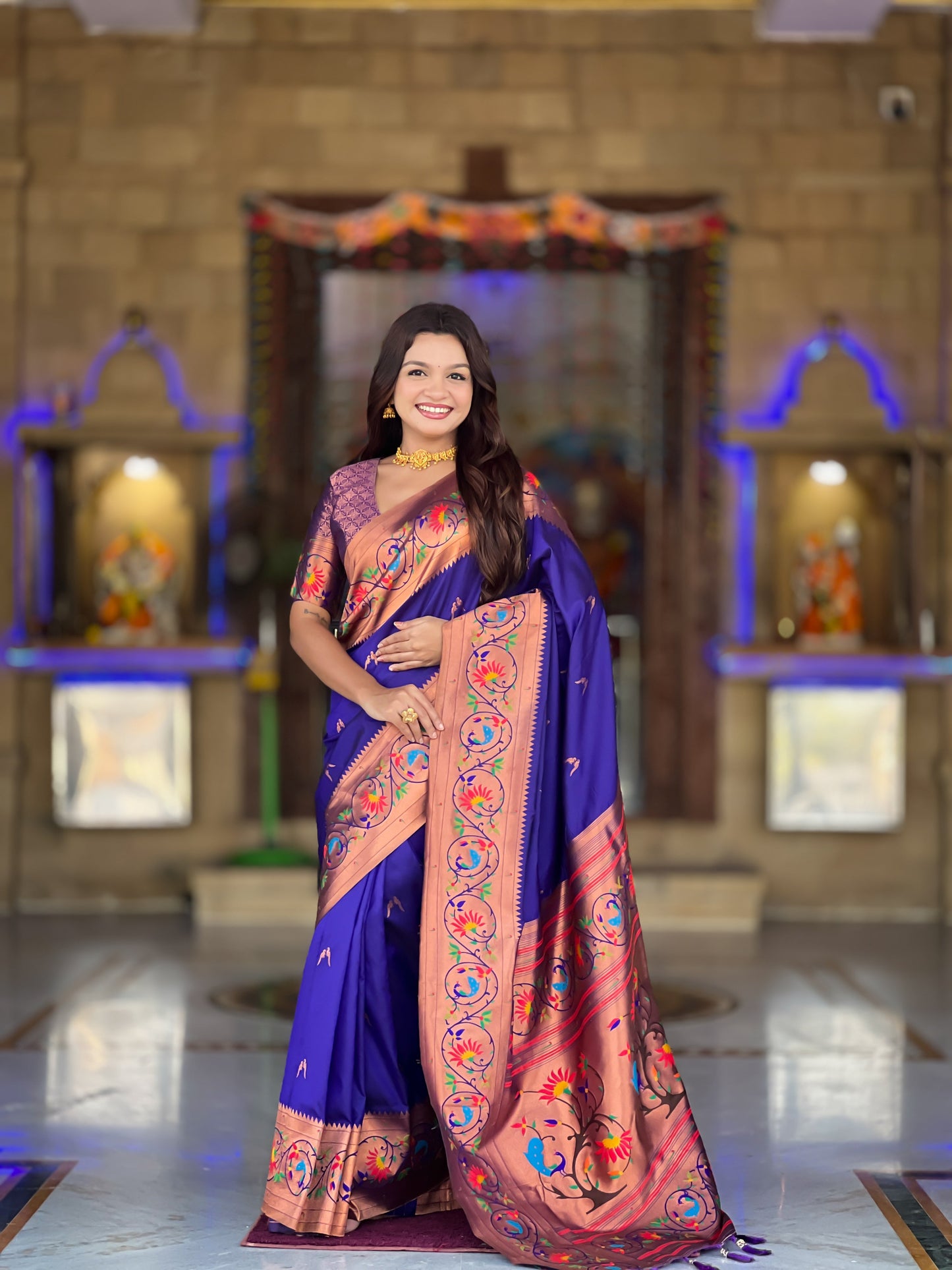 Mameraa Sarees Violet Faux Banarasi Silk Saree With Paithani Rich Weaved Pallu And Blouse-Violet