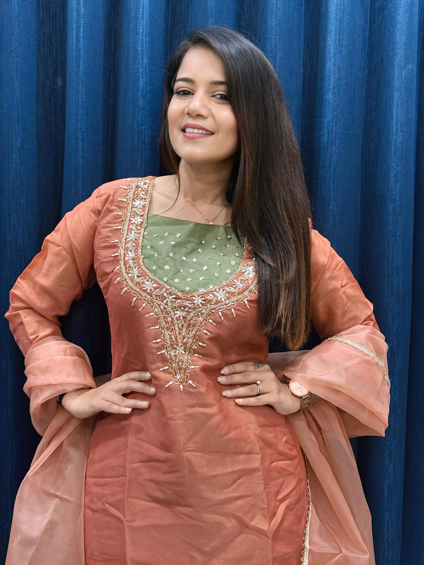 Anaita Dark Peach Roman Shimmer Readymade Kurti Set with Handwork & Moti Work
