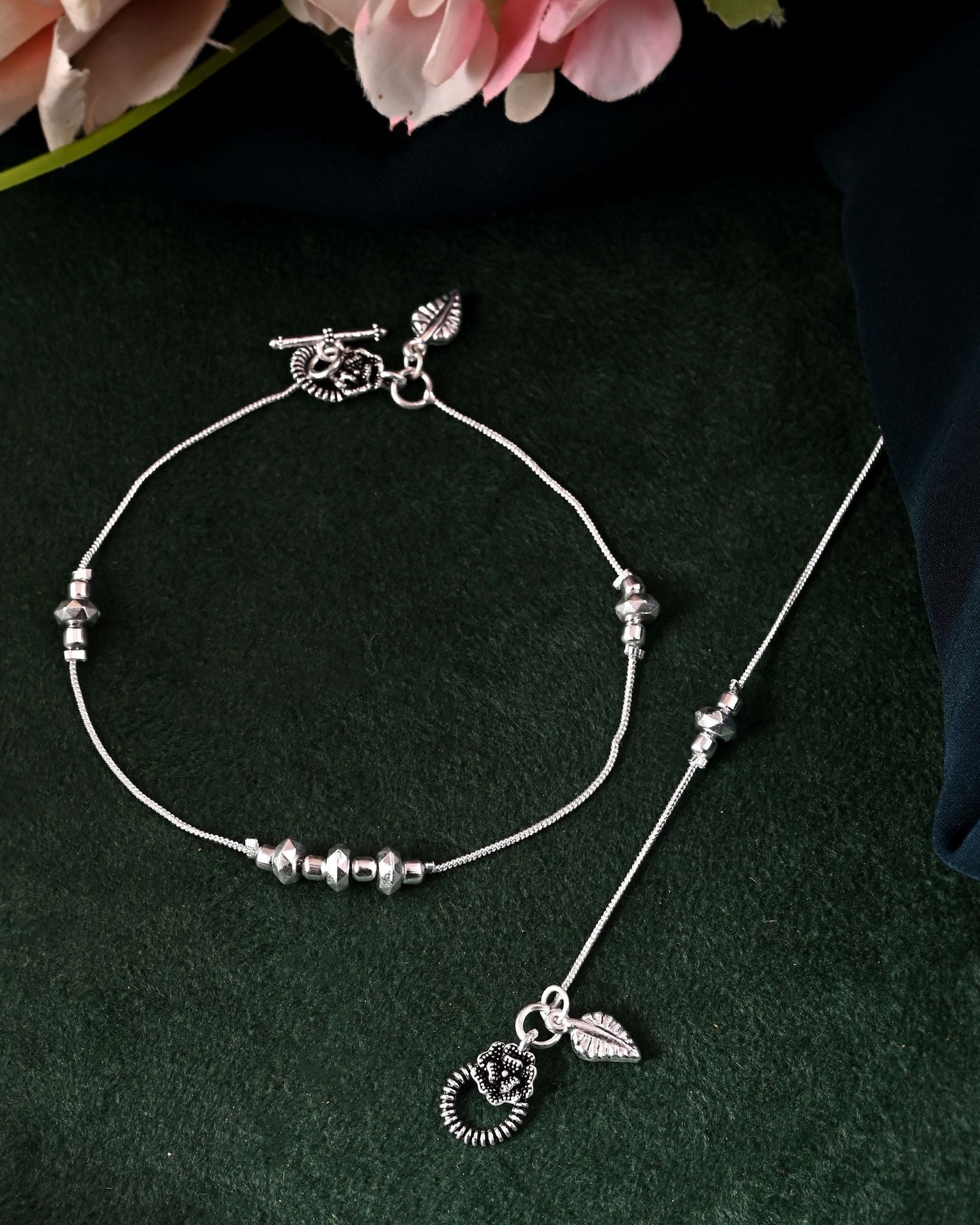 VOJ Set of 2 Silver Tone Handcrafted Stainless Steel Anklet