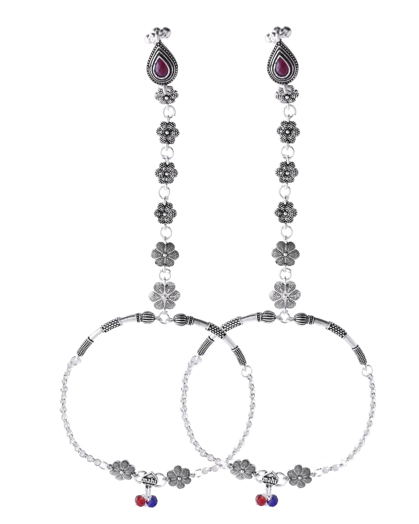 VOJ Set Of 2 Silver-Plated Stainless Steel Floral Shape Anklet With Toe Ring