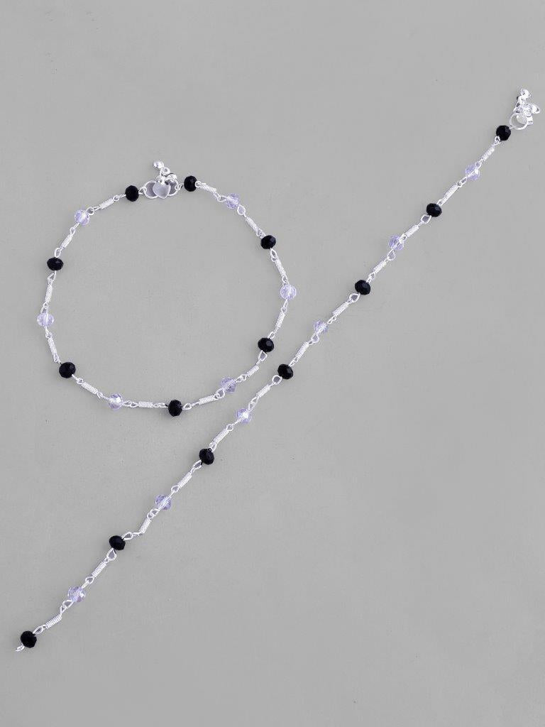 VOJ Set of 2 Silver Plated Black & White Beads Anklets