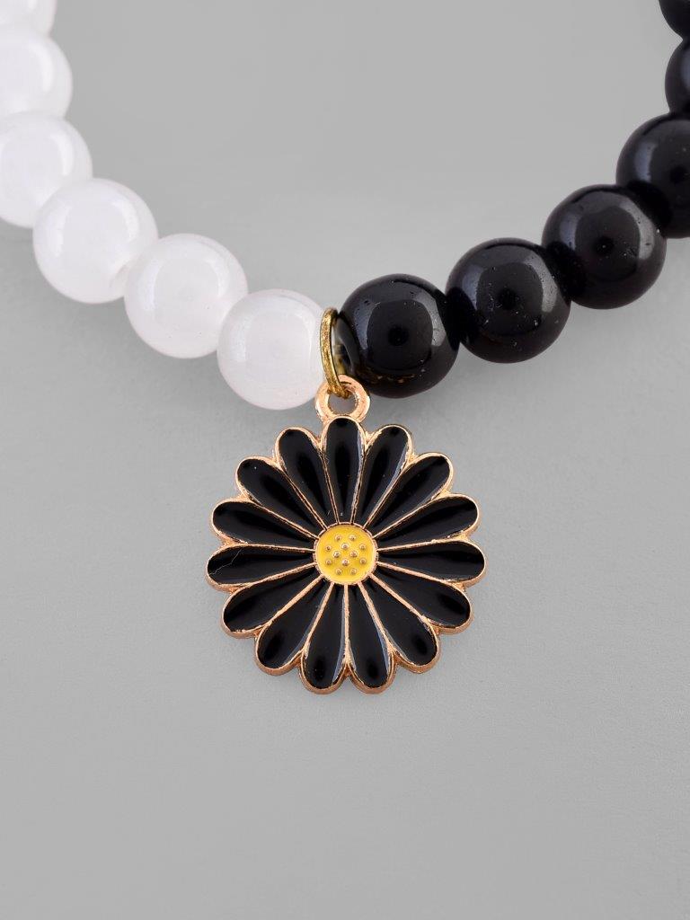 VOJ Black White Beads Black Flower Elastic Bracelet