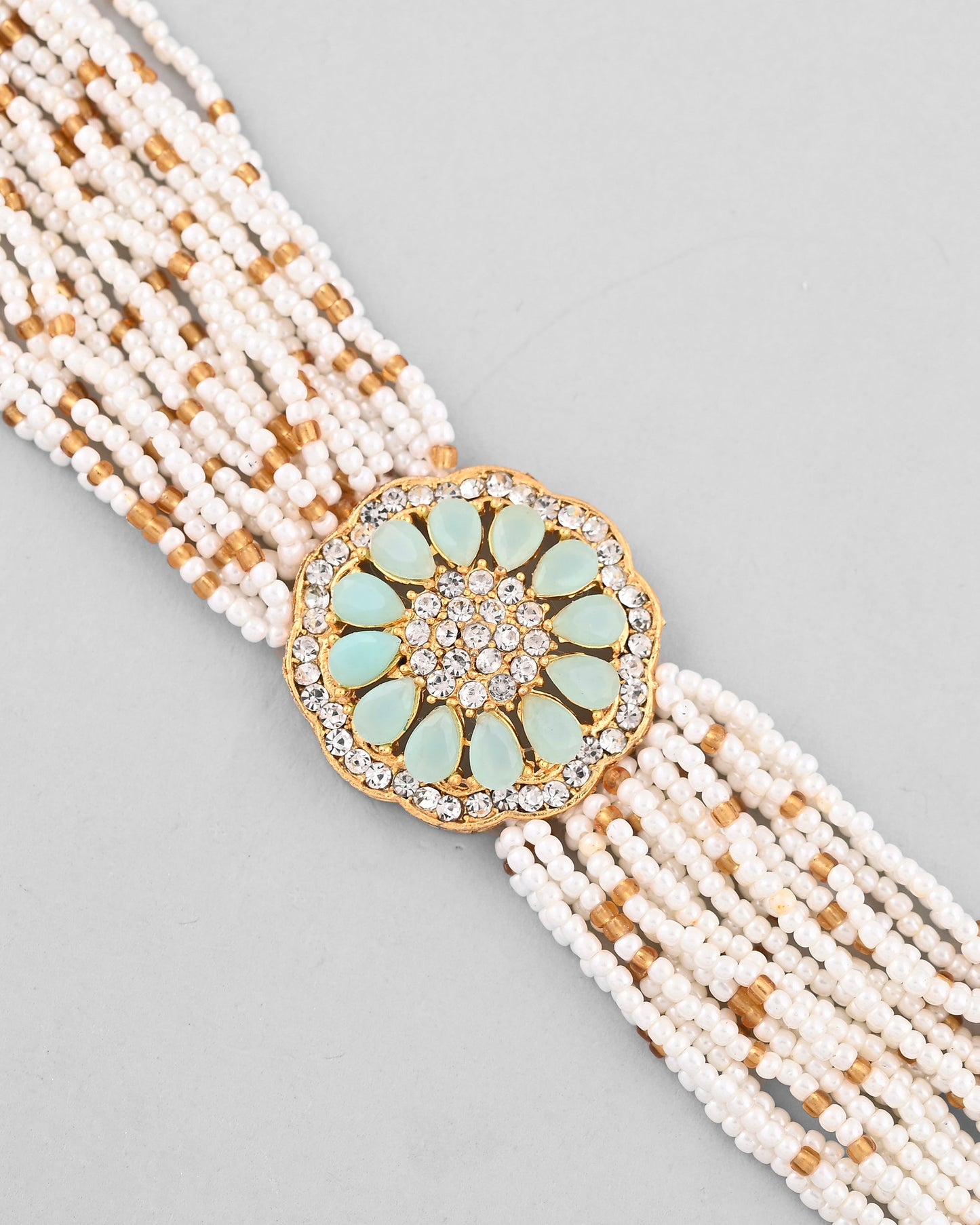 VOJ Gold-Polished Green Flower Studded And Beaded Mutli Layer Bracelet