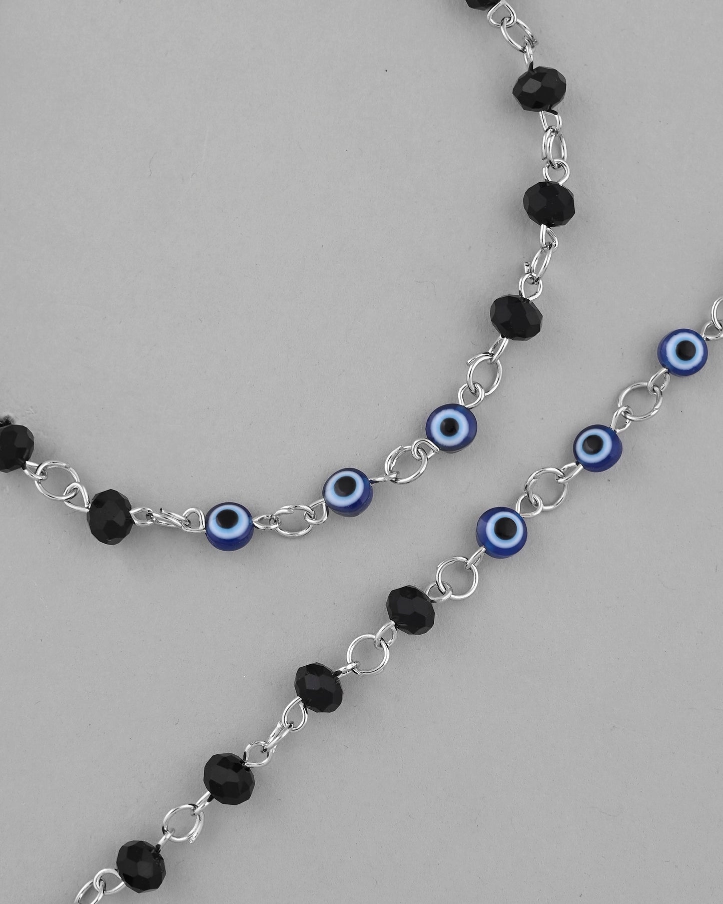 VOJ Set Of 2 Silver Plated With Black beads and Evil Eye Anklet