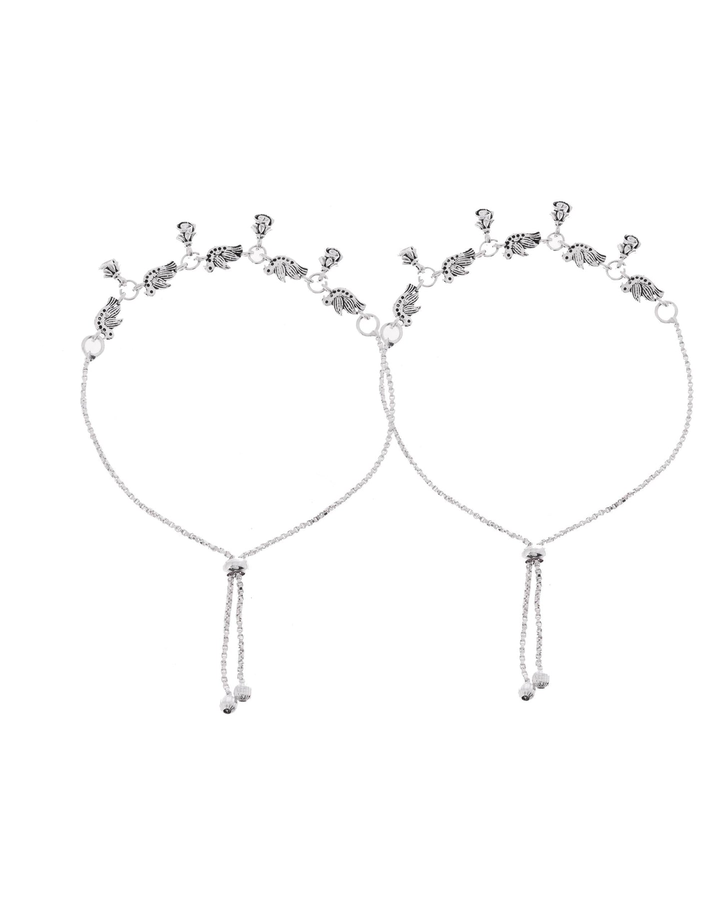 VOJ Set of 2 Silver Plated Bird And Rose Shaped Anklet