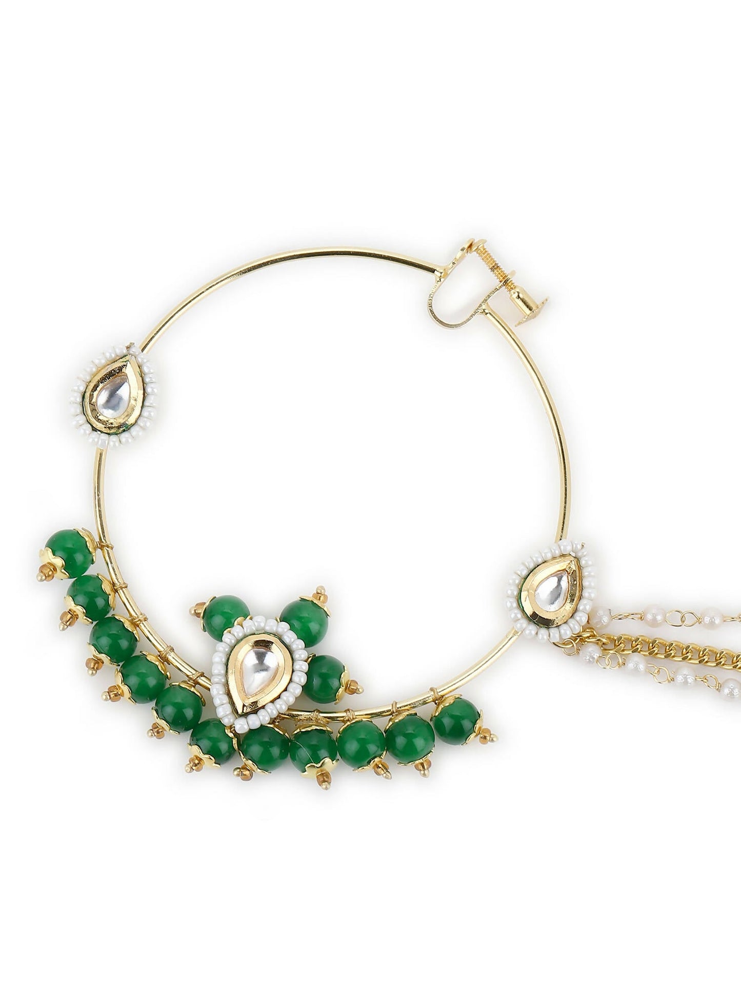 Gold-Polished White Green Kundan-Studded Pearl Beaded Nosepin - Ruby Raang