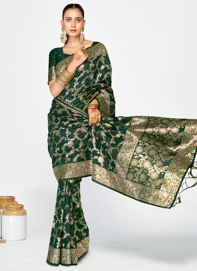 Vellora Bottle Green Banarasi Silk Saree with Elegant Zari Border
