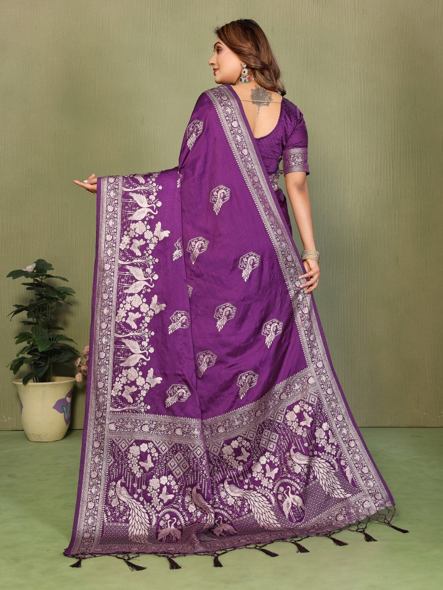 Anaita Violet Zari Butta Work Satin Silk Saree With Blouse