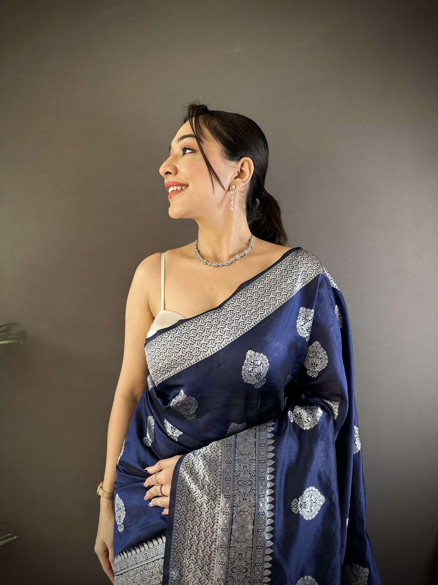 Joban Fashion Navy Blue Floral Motifs Soft Silk Banarasi Saree