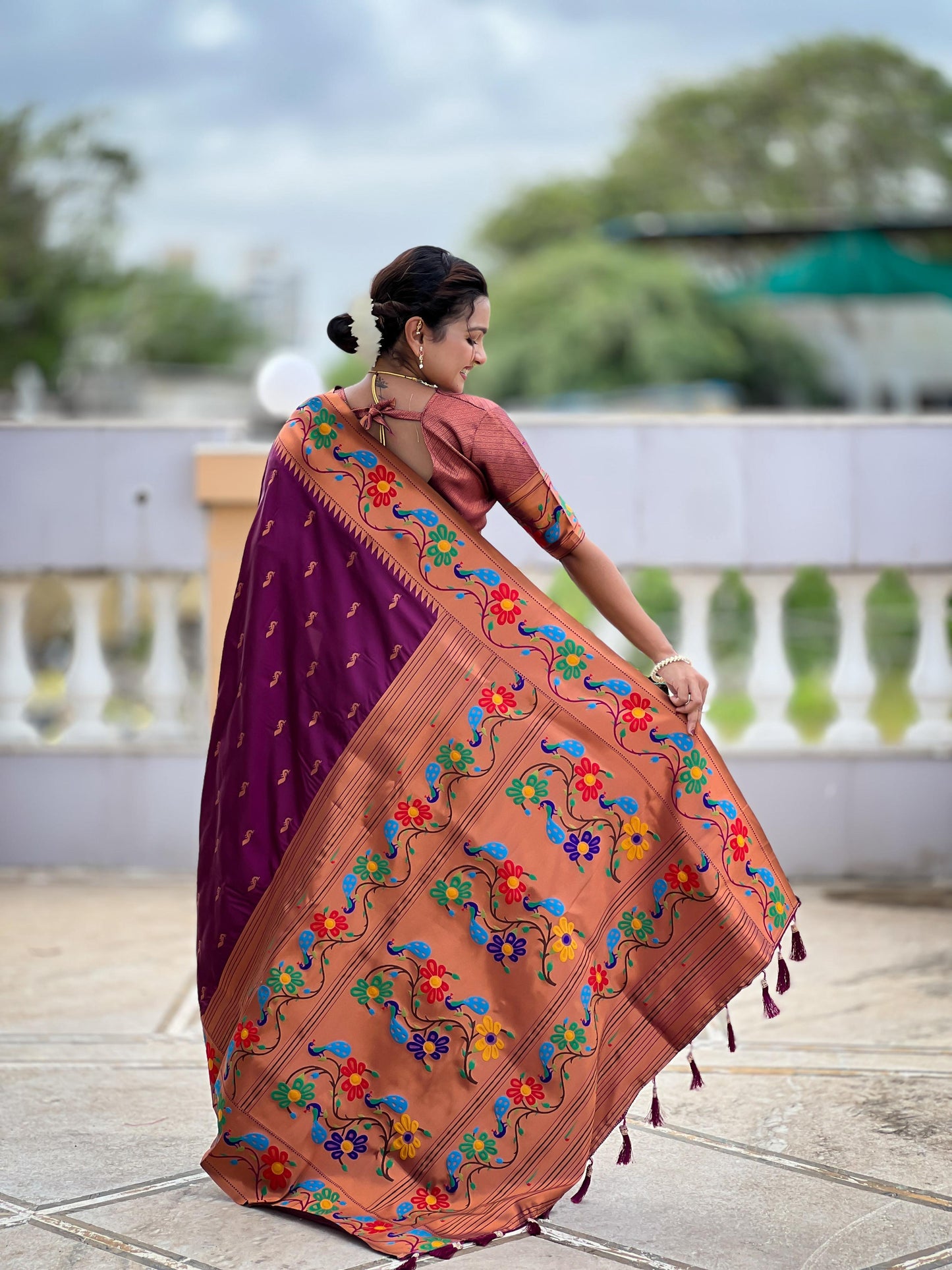 Mameraa Sarees Wine Faux Banarasi Silk Saree With Paithani Rich Weaved Pallu And Blouse-Wine