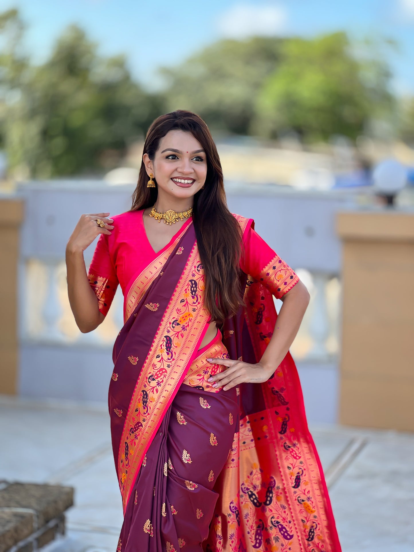 Mameraa Sarees Wine Faux Banarasi Silk Saree With Paithani Rich Weaved Pallu And Blouse-Wine