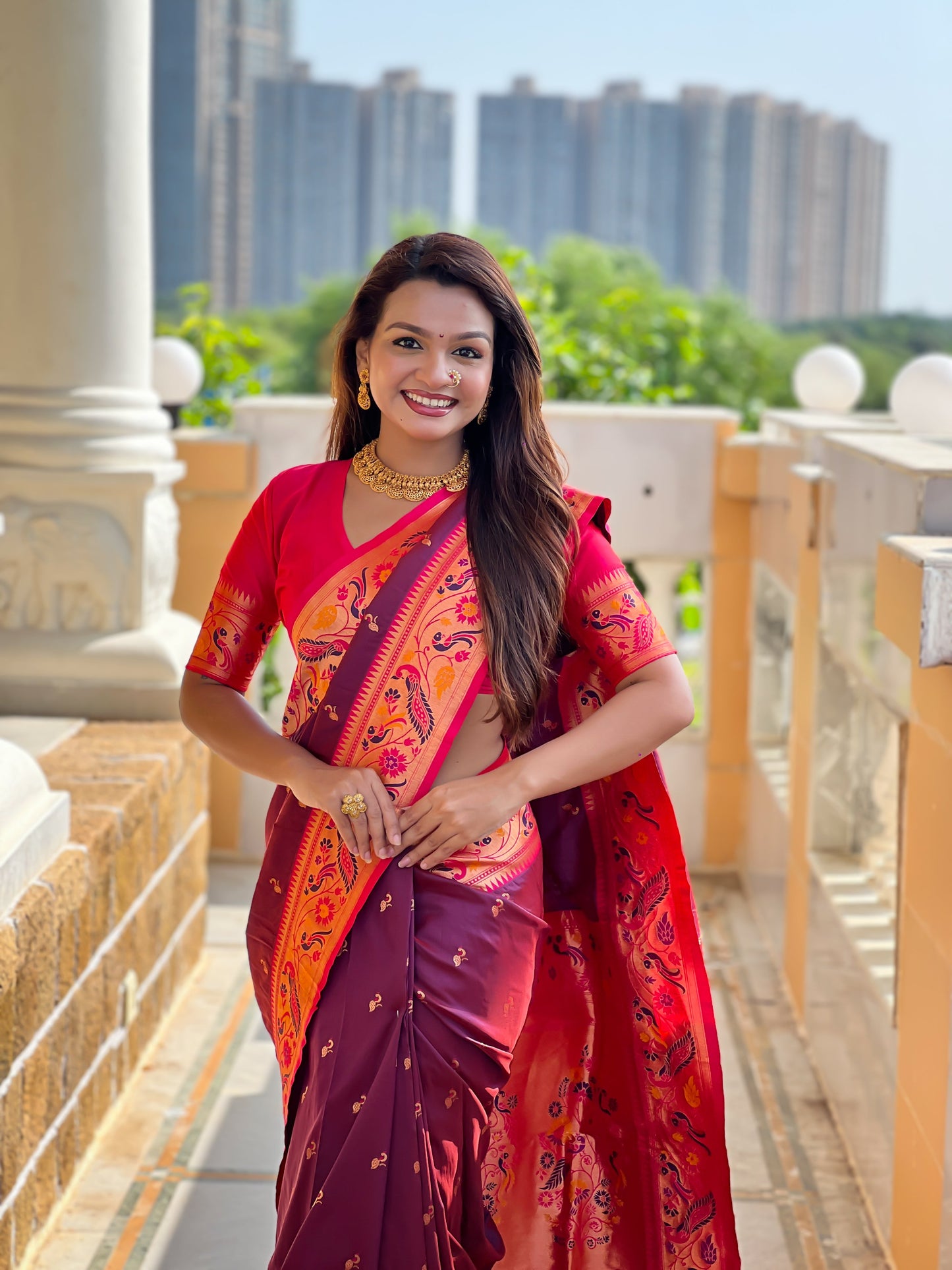 Mameraa Sarees Wine Faux Banarasi Silk Saree With Paithani Rich Weaved Pallu And Blouse-Wine