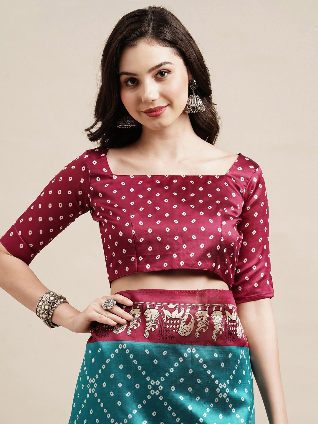 Saree Mall Blue & Maroon Bandhani Silk Blend Bandhani Sarees