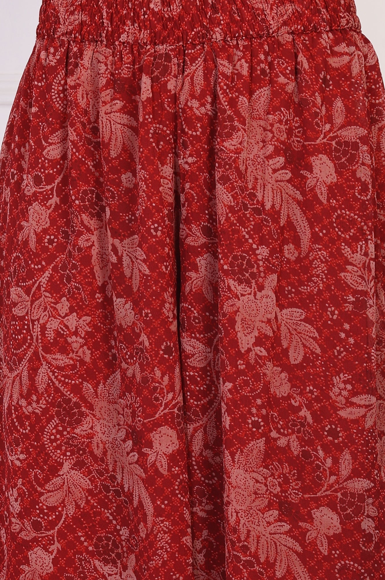 W for Woman Red Floral Printed Lace Trim Anarkali Chiffon Kurta with Flared Pant and Dupatta Set