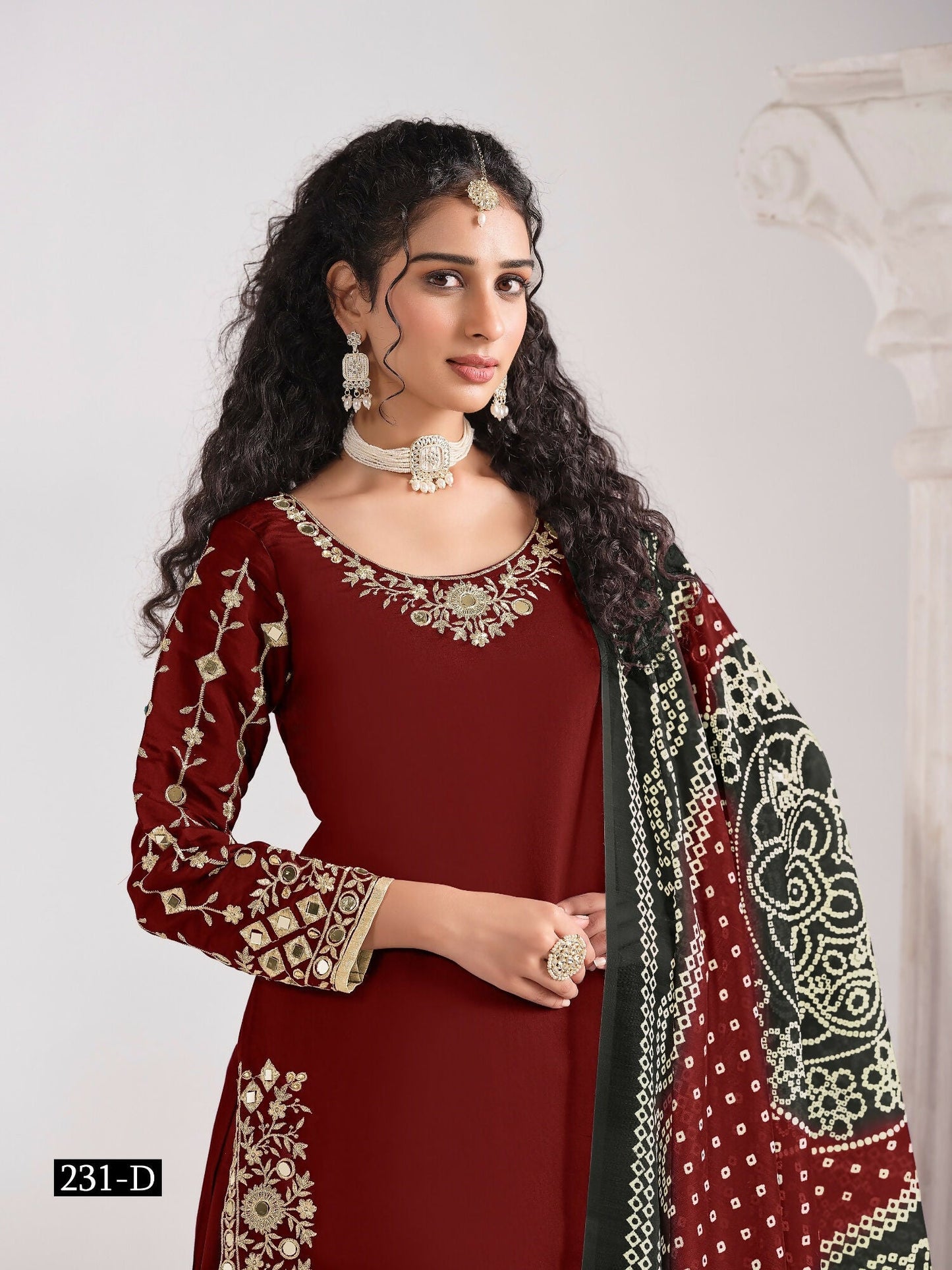 Anaita Red Roman Silk Stitched Suit with Embroidery & Real Mirror Work