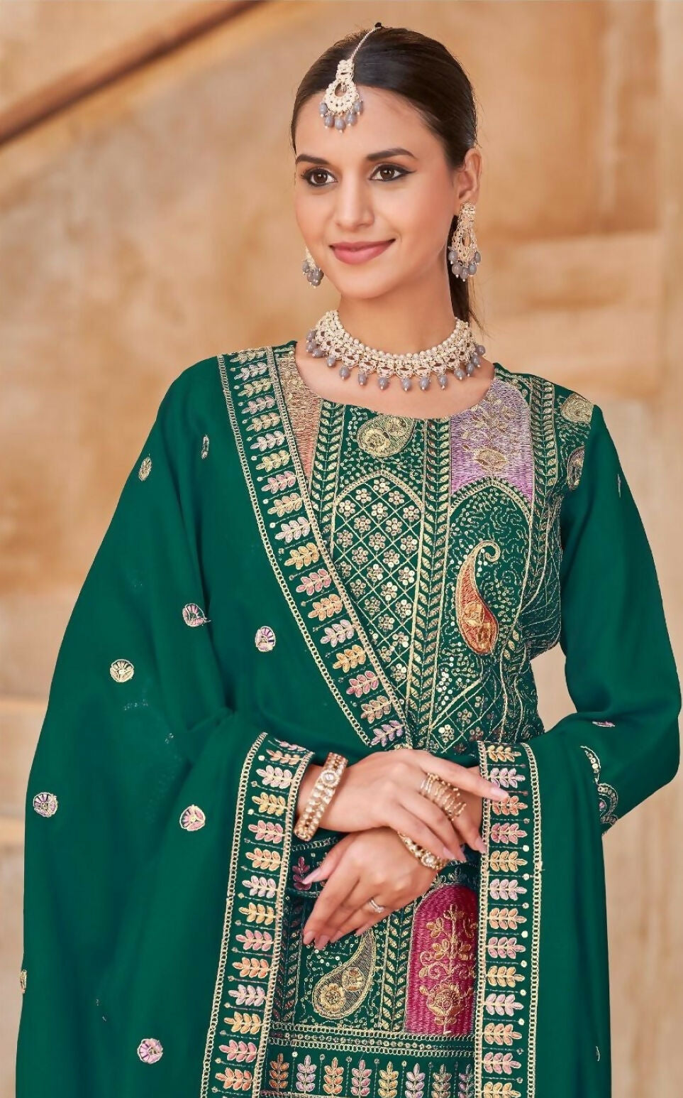 Anaita Green Vichitra Silk Readymade Suit with Embroidery & Lace Work