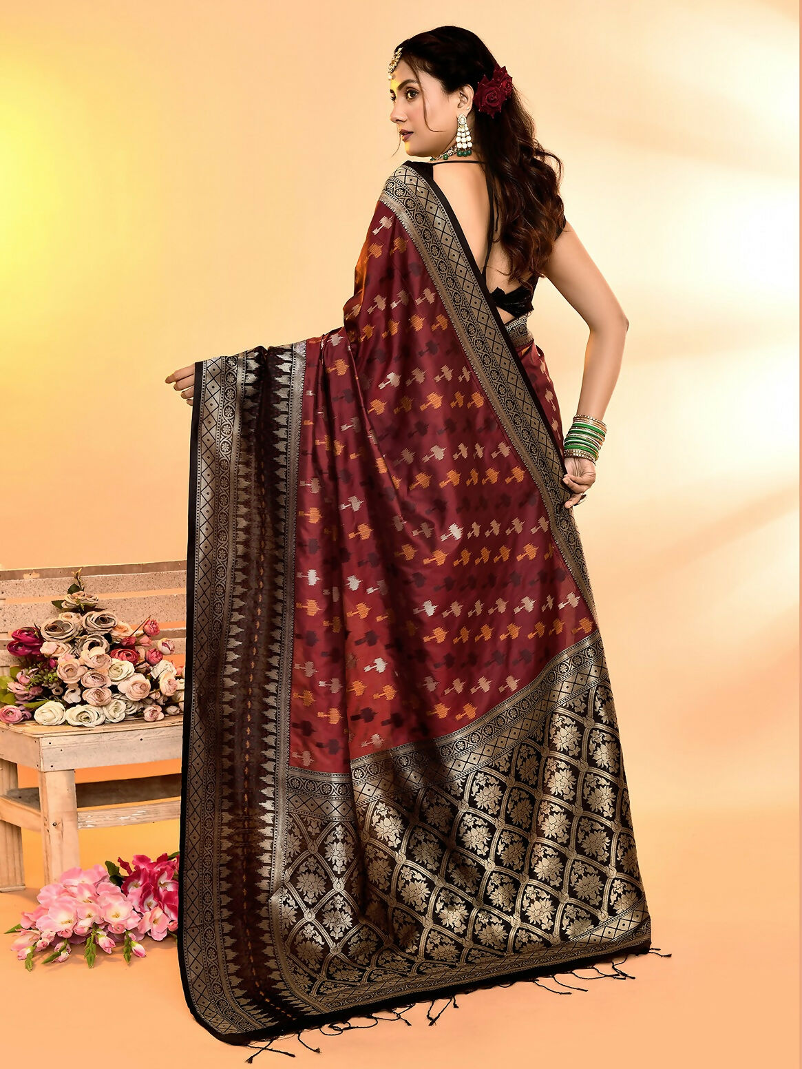 Joban Fashion Maroon & Black Plain With Weaving Border Banarasi Silk Sarees