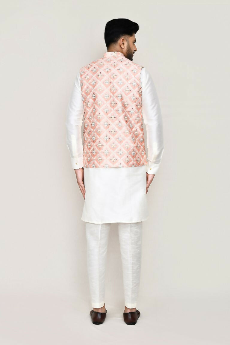 Joban Fashion White Colored Art Silk Fabric Kurta, Jacket With Straight Fit Pant