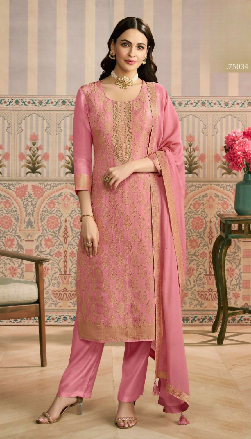 Anaita Peach Viscose Lotus Shimmer Stitched Suit with Jacquard Work