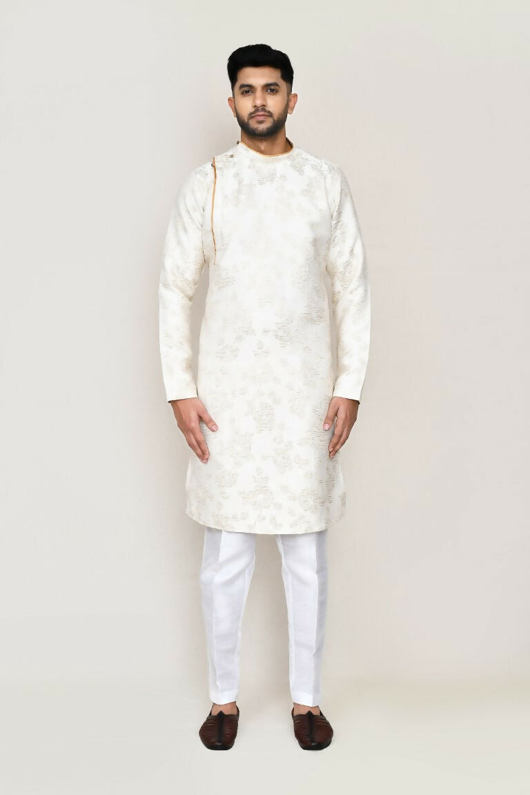 Joban Fashion Cream Colored Jacquard Silk Fabric Kurta With Straight Fit Pant