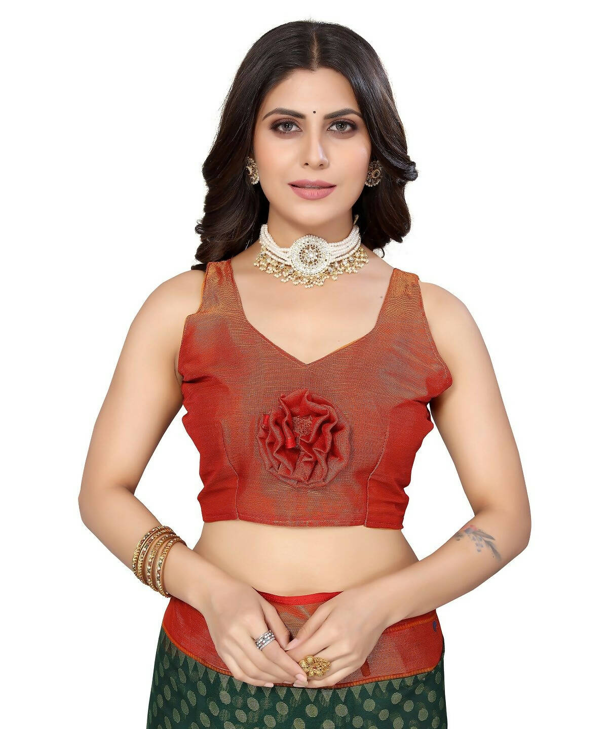 Vamika Green Chiffon Brasso Bollywood Style Woven Saree (DIMPLE GREEN)