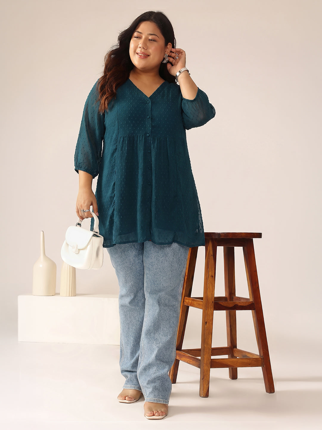 Janasya Teal A-Line Dobby Chiffon Tunic
