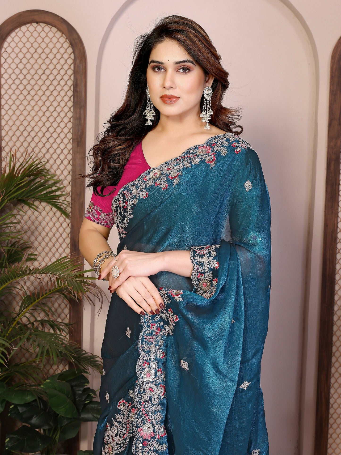 Teeya Creation New Womens Latest Party Wear Soft Chiffon Silk Saree-Blue