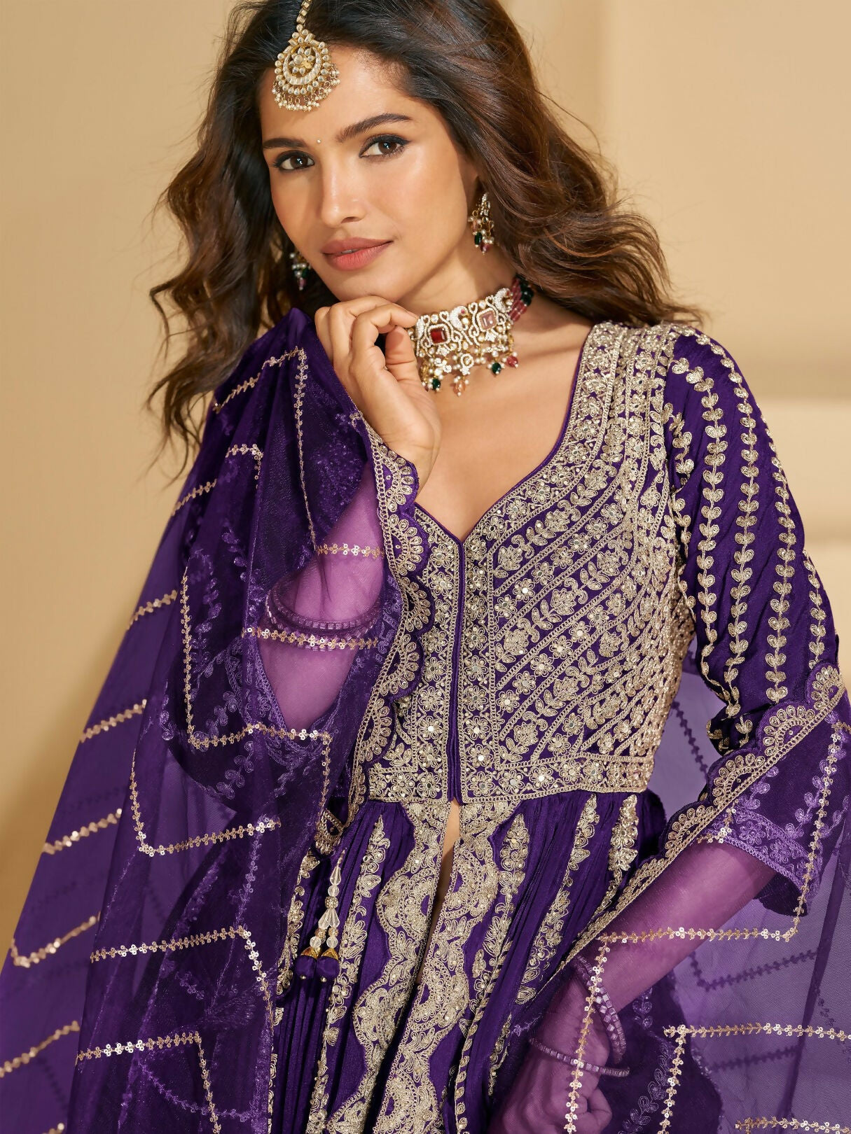 Anaita Violet Chinon Readymade Anarkali Lehenga with Heavy Embroidery Work