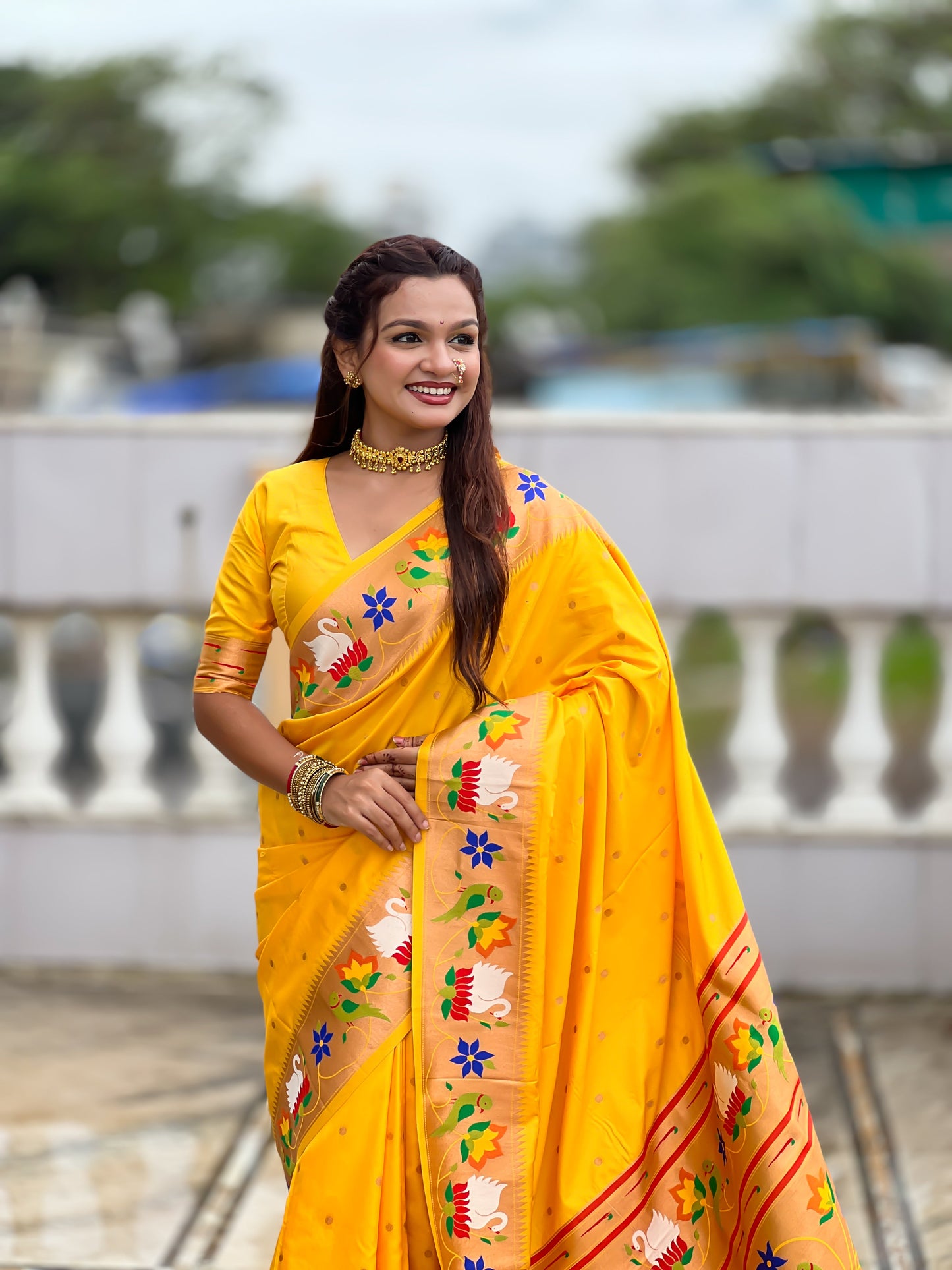 Mameraa Sarees Yellow Faux Banarasi Silk Saree With Paithani Rich Weaved Pallu And Blouse-Yellow