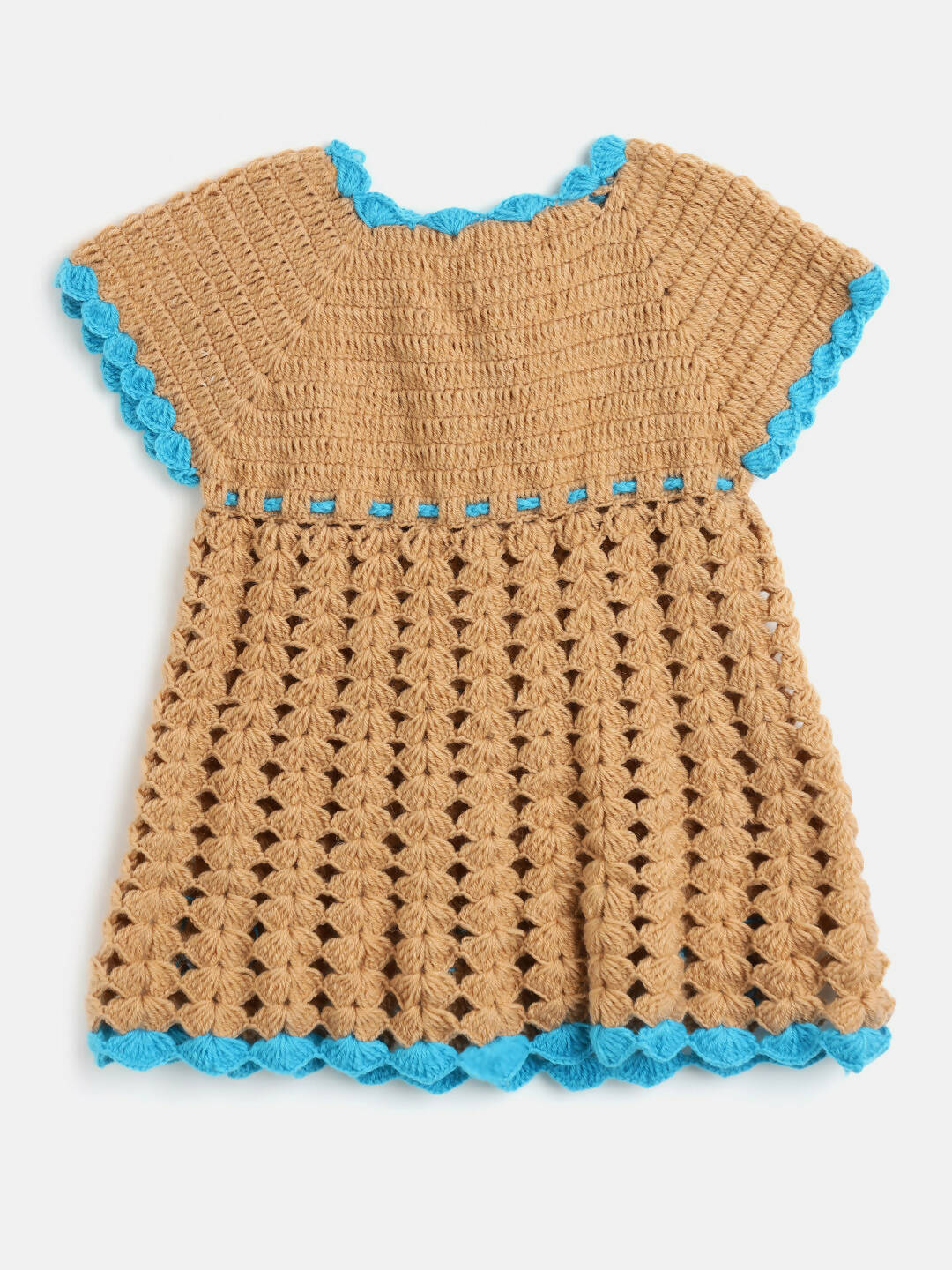 Chutput Kids Woollen Hand Knitted Full Sleeves Cardigan With Short Sleeves Flower Work Dress For Baby Girls - Blue