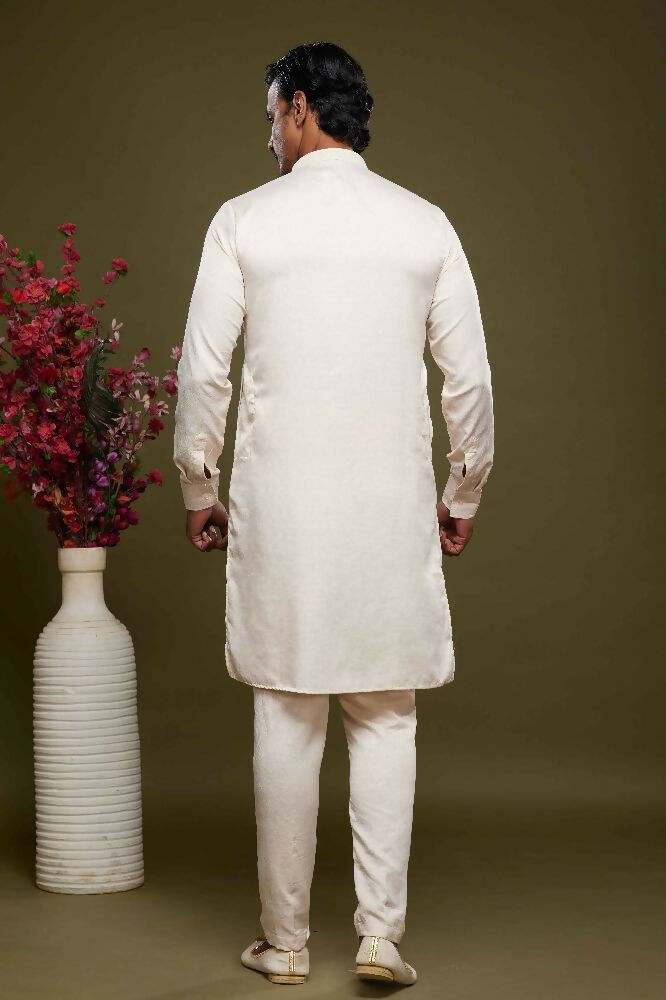 Raivat Ethnic Art Banarasi Silk Thread Work Kurta Pajama In Cream Colour