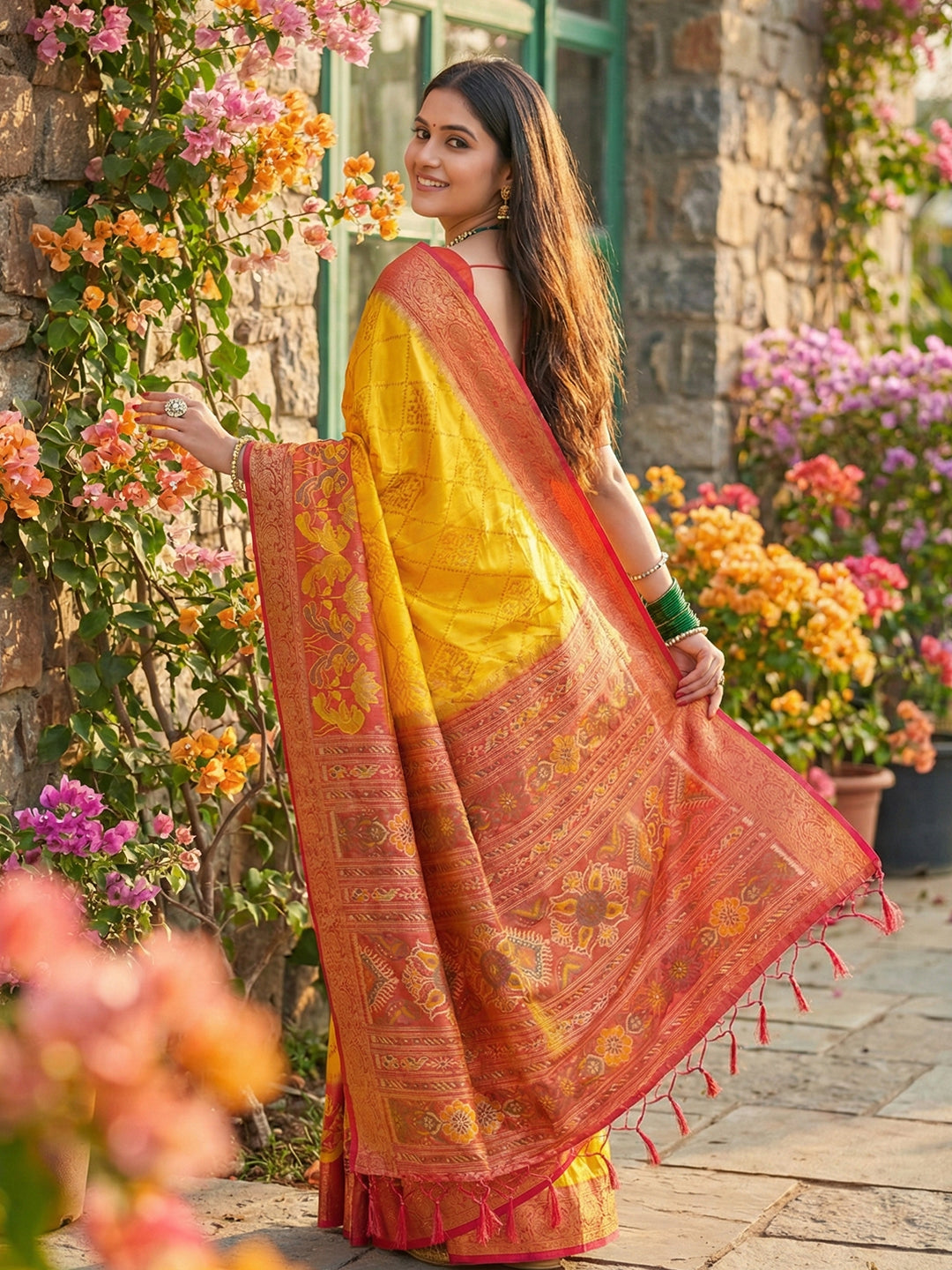 Anaita Yellow Pochampally Printed Saree With Blouse